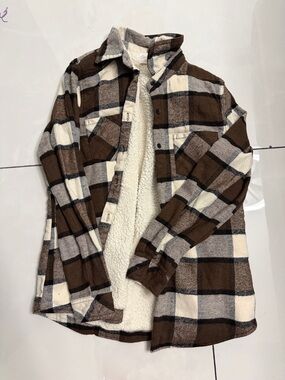 Miss Posh Sherpa-Lined Plaid Shacket - Brown & Cream
